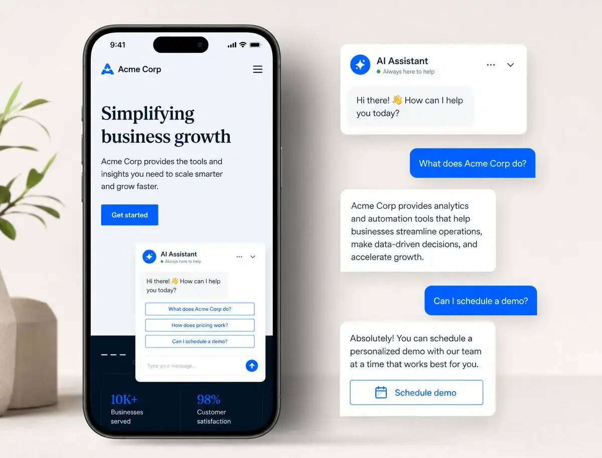 AI assistant widget on a business website with sample chat conversation