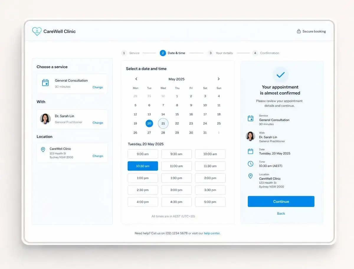 Appointment booking interface with service selection, calendar and confirmation step