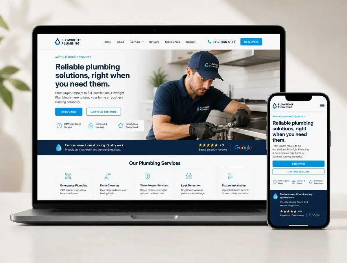 Local service business website shown on laptop and phone